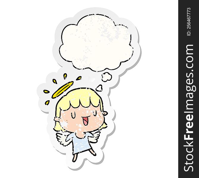 cartoon angel with thought bubble as a distressed worn sticker