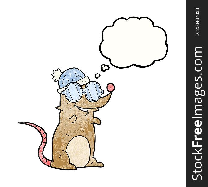 Thought Bubble Textured Cartoon Mouse Wearing Glasses And Hat