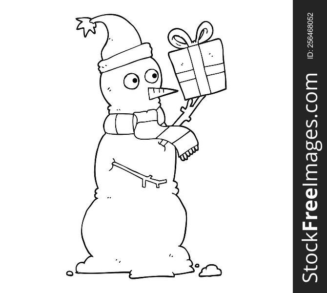 freehand drawn black and white cartoon snowman holding present