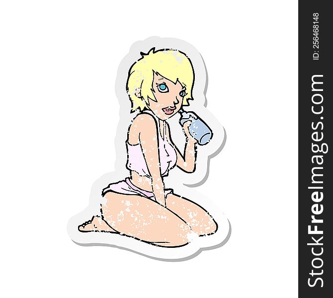 Retro Distressed Sticker Of A Cartoon Sexy Gym Girl