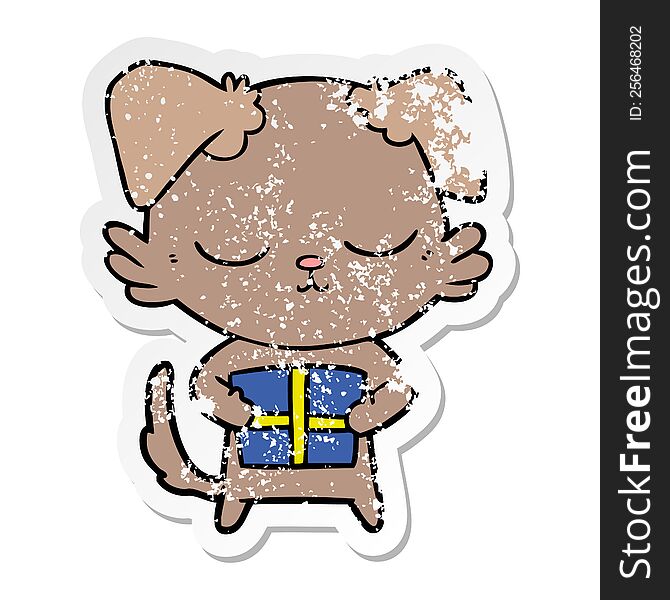 Distressed Sticker Of A Cute Cartoon Dog With Christmas Present