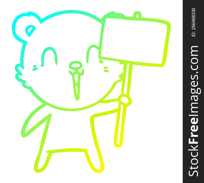 cold gradient line drawing of a happy cartoon bear with placard