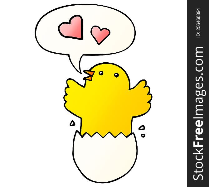 cute hatching chick cartoon with speech bubble in smooth gradient style