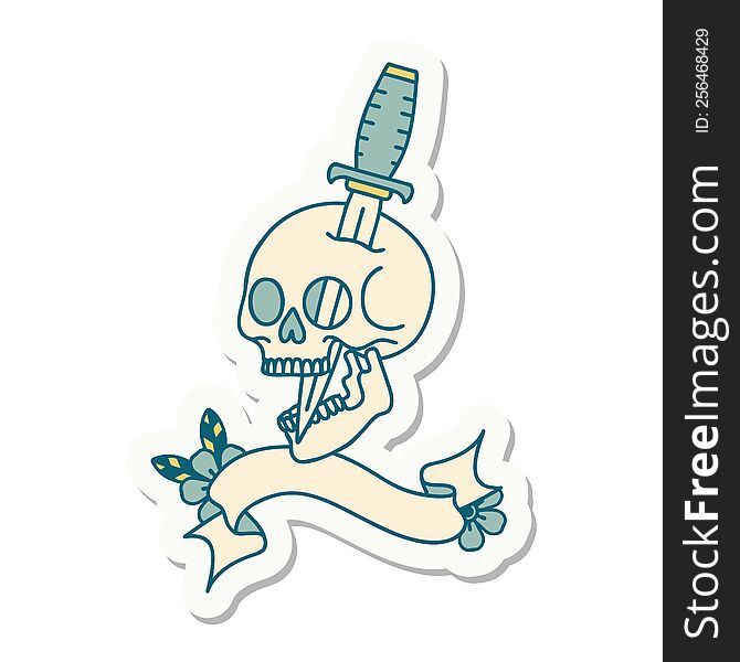 Tattoo Sticker With Banner Of A Skull And Dagger