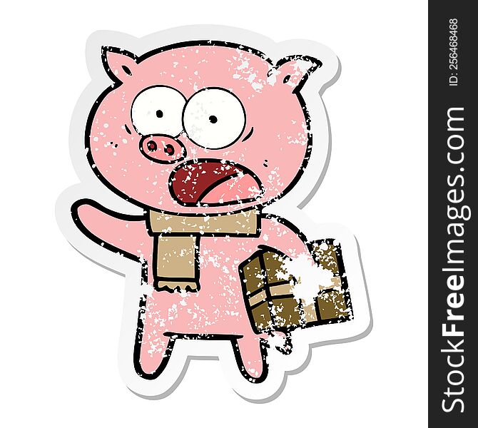 Distressed Sticker Of A Cartoon Pig With Christmas Present