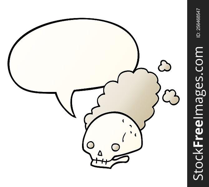 cartoon dusty old skull and speech bubble in smooth gradient style