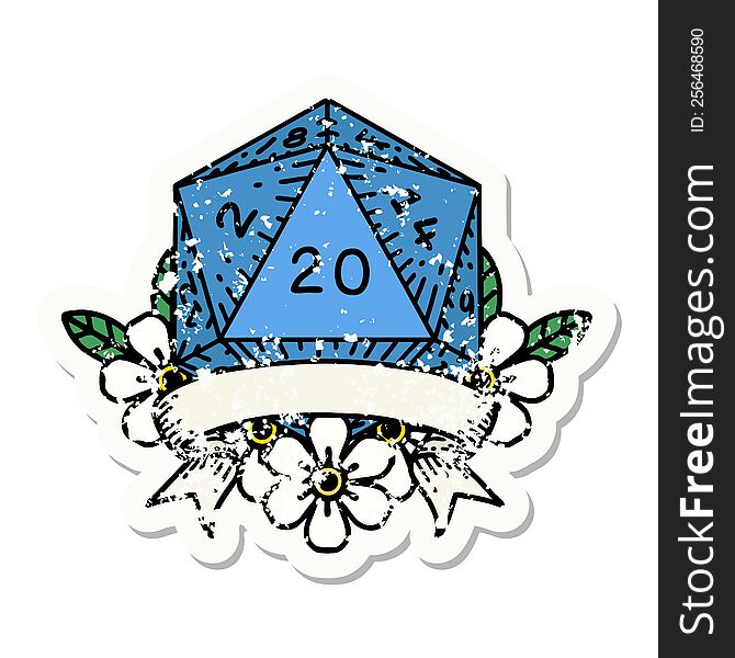 natural 20 critical hit D20 dice roll grunge sticker