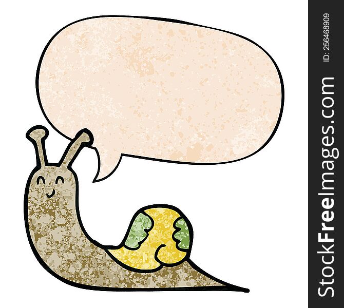 Cute Cartoon Snail And Speech Bubble In Retro Texture Style