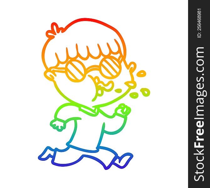 rainbow gradient line drawing cartoon boy wearing spectacles and running