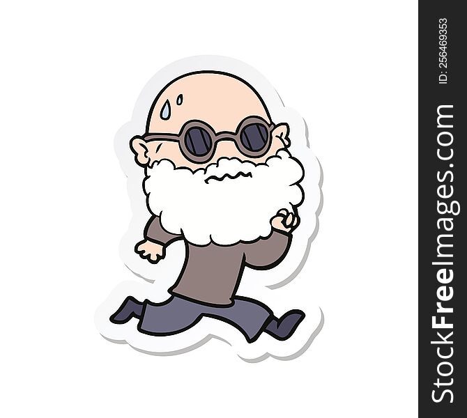 sticker of a cartoon running man with beard and sunglasses sweating