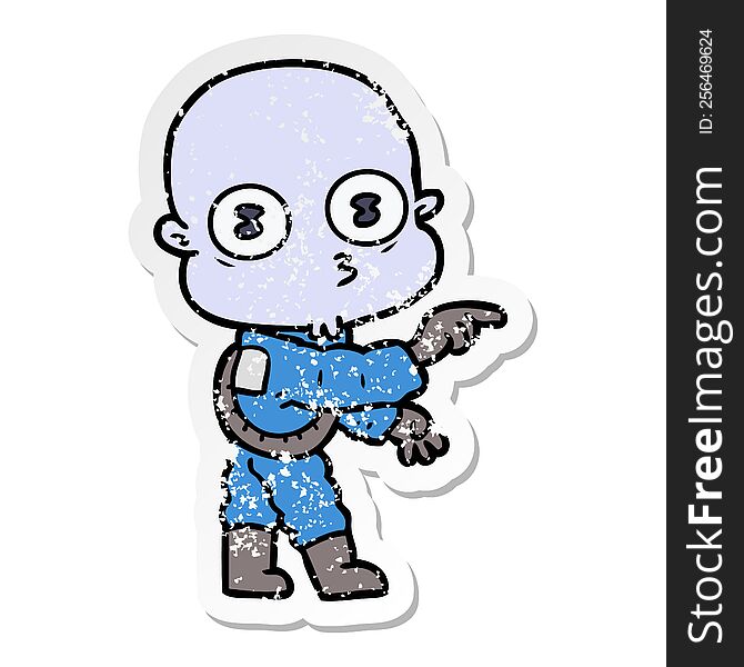 distressed sticker of a cartoon weird bald spaceman pointing