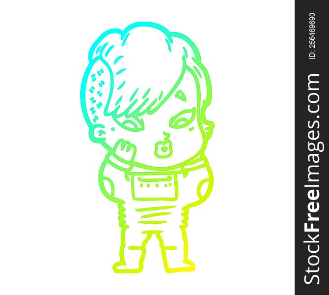 cold gradient line drawing of a cartoon surprised girl in science fiction clothes