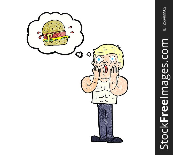 cartoon shocked man thinking about junk food
