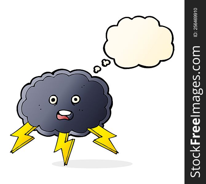 cartoon cloud and lightning bolt symbol with thought bubble