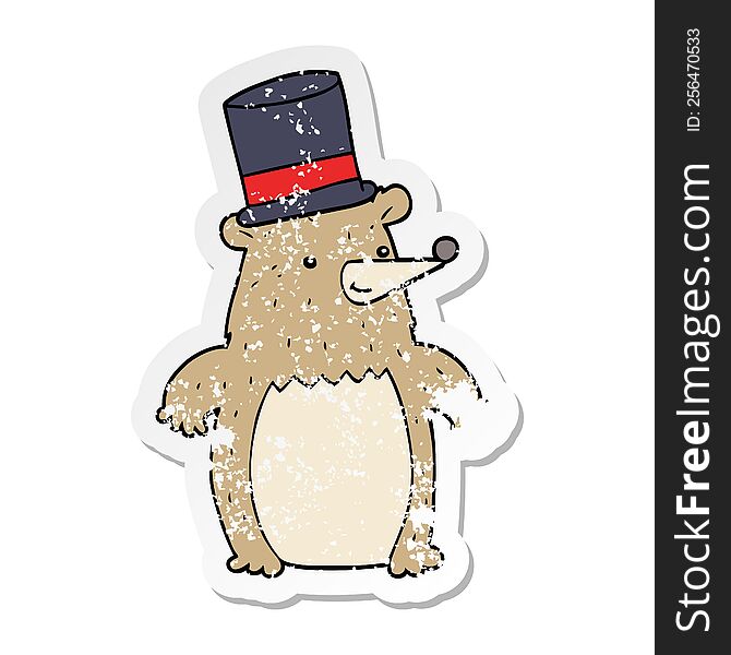 Distressed Sticker Of A Cartoon Bear In Top Hat