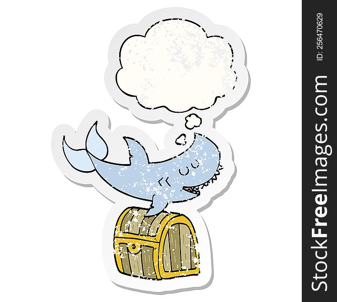 cartoon shark swimming over treasure chest with thought bubble as a distressed worn sticker