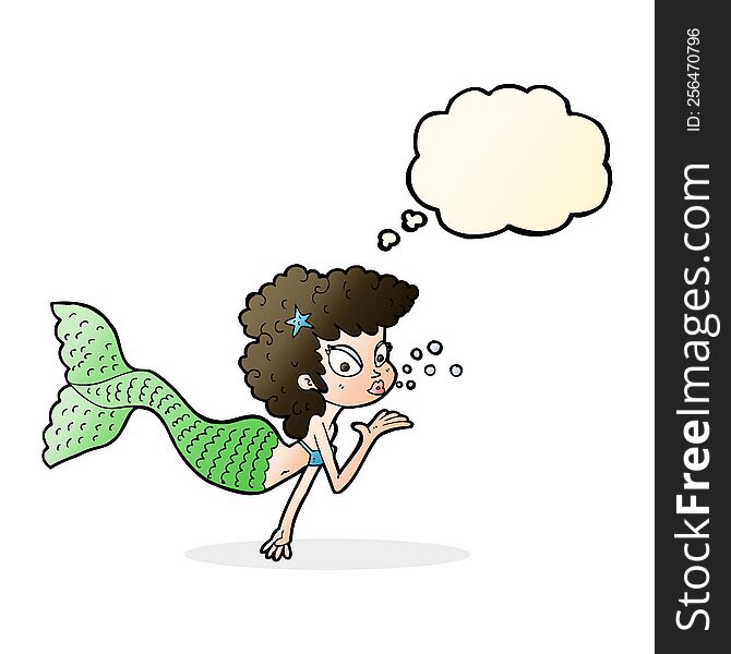 cartoon mermaid blowing kiss with thought bubble