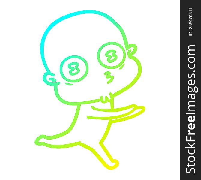 cold gradient line drawing of a cartoon weird bald spaceman running
