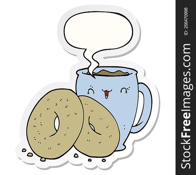 Cartoon Coffee And Donuts And Speech Bubble Sticker
