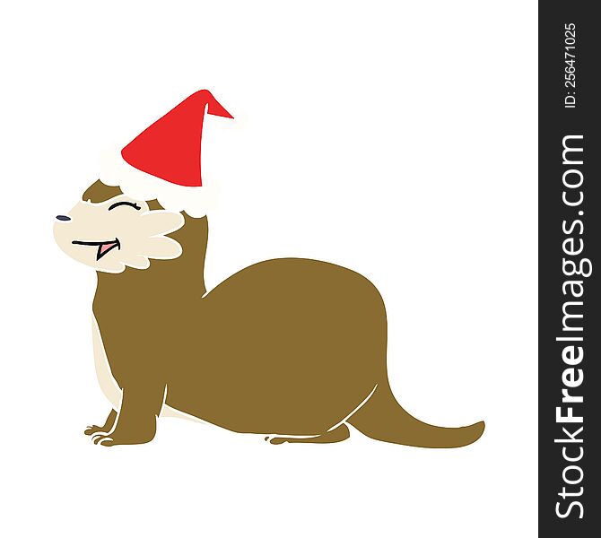 laughing otter hand drawn flat color illustration of a wearing santa hat. laughing otter hand drawn flat color illustration of a wearing santa hat