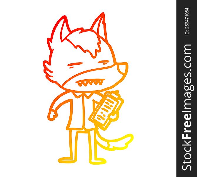 warm gradient line drawing of a cartoon office wolf showing teeth