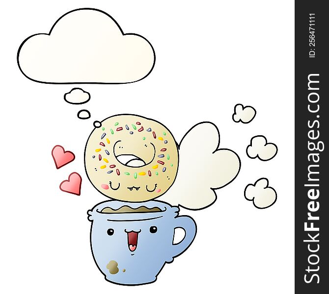 cute cartoon donut and coffee with thought bubble in smooth gradient style