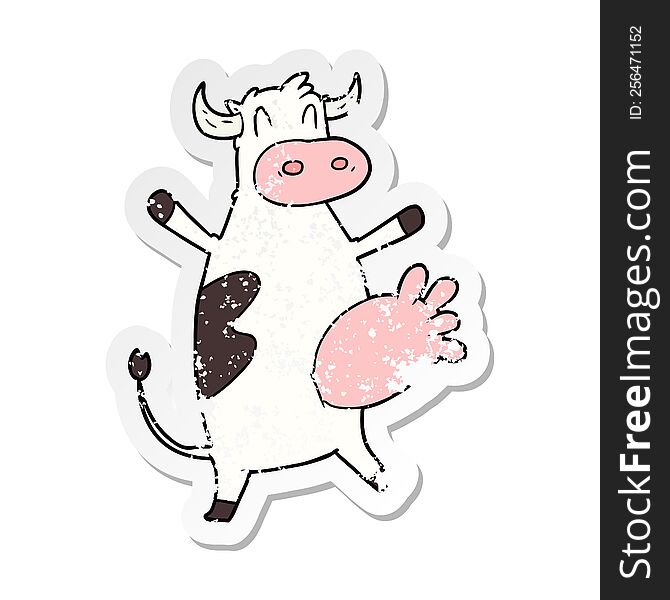 distressed sticker of a cartoon cow swinging udder