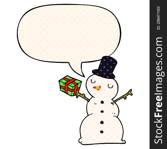 cartoon snowman with speech bubble in comic book style