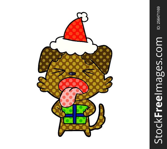 Comic Book Style Illustration Of A Dog With Christmas Present Wearing Santa Hat