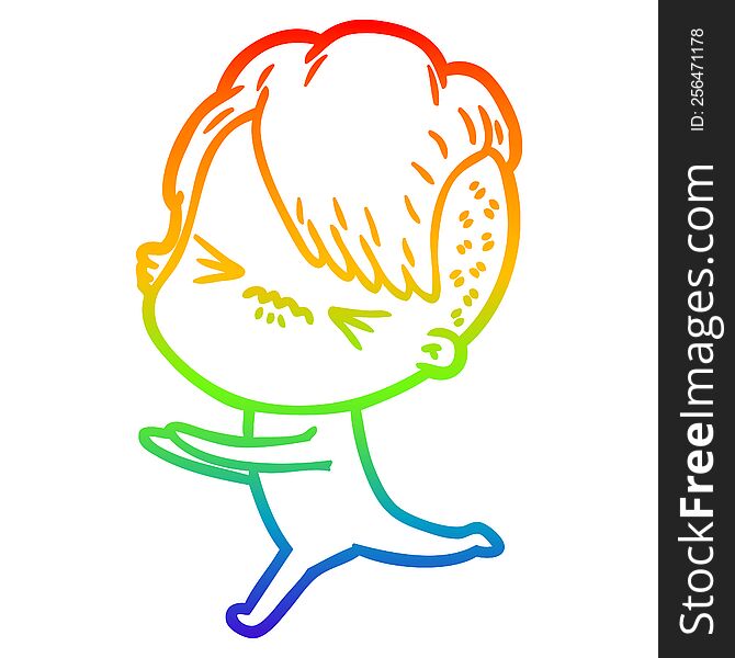 Rainbow Gradient Line Drawing Cartoon Annoyed Hipster Girl