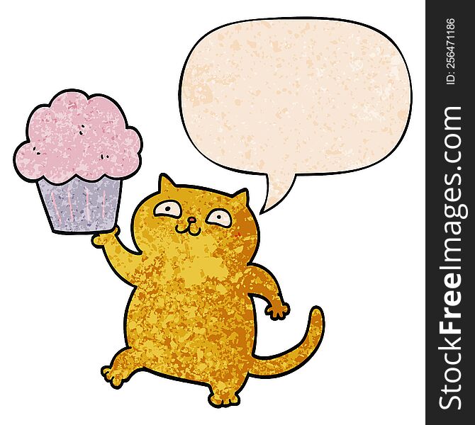 cartoon cat with cupcake with speech bubble in retro texture style. cartoon cat with cupcake with speech bubble in retro texture style