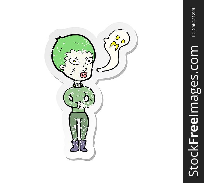 Retro Distressed Sticker Of A Cartoon Undead Woman