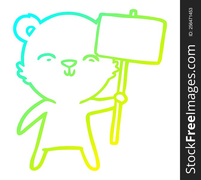 Cold Gradient Line Drawing Happy Cartoon Bear With Sign