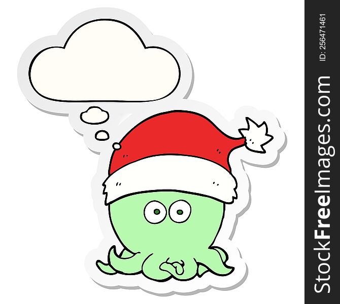 cartoon octopus wearing christmas hat with thought bubble as a printed sticker