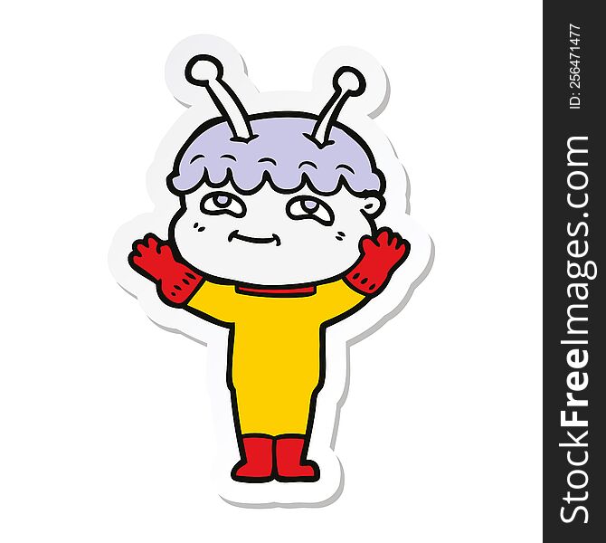 sticker of a friendly cartoon spaceman waving