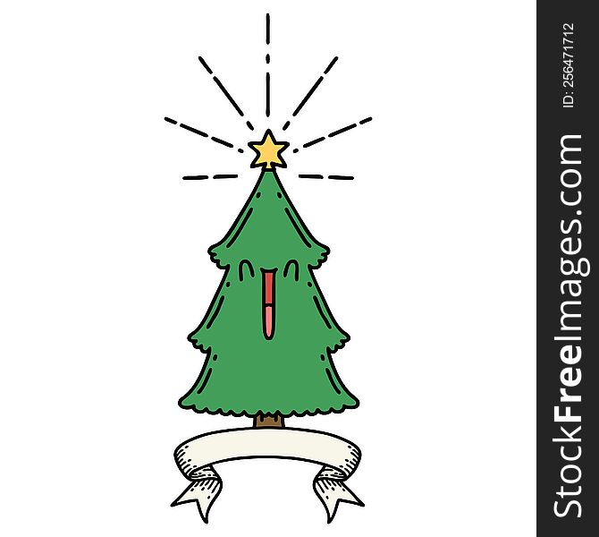 scroll banner with tattoo style christmas tree with star