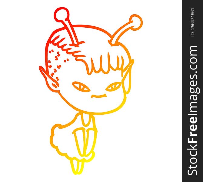 Warm Gradient Line Drawing Cute Cartoon Alien Girl