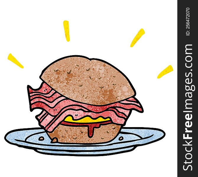 cartoon amazingly tasty bacon breakfast sandwich with cheese. cartoon amazingly tasty bacon breakfast sandwich with cheese