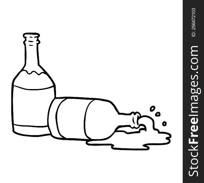 line drawing of a beer bottles with spilled beer. line drawing of a beer bottles with spilled beer