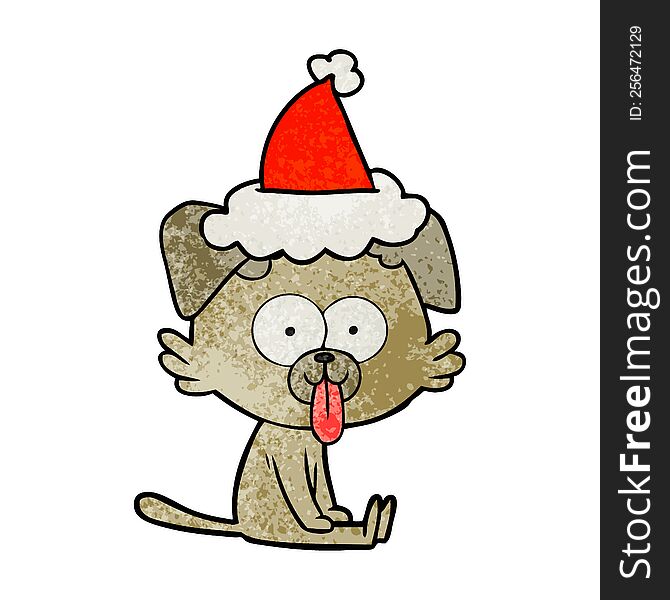 hand drawn textured cartoon of a sitting dog with tongue sticking out wearing santa hat