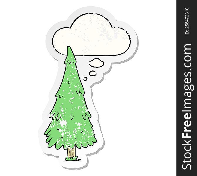 Cartoon Christmas Tree And Thought Bubble As A Distressed Worn Sticker
