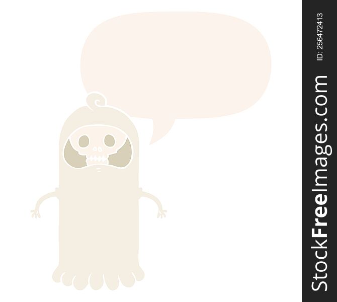 cartoon spooky skull ghost with speech bubble in retro style