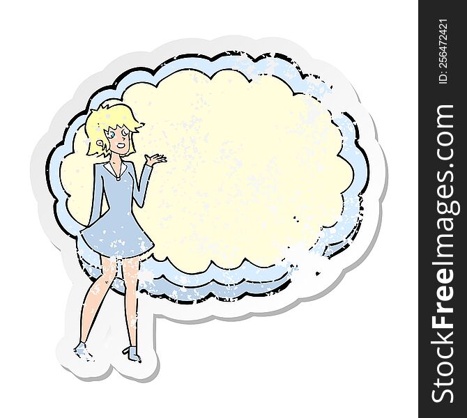 retro distressed sticker of a cartoon friendly woman with cloud text space