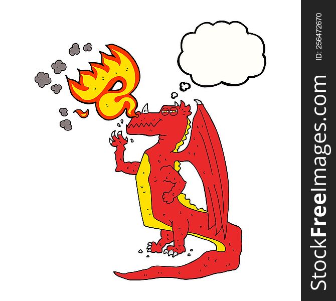 freehand drawn thought bubble cartoon happy dragon breathing fire