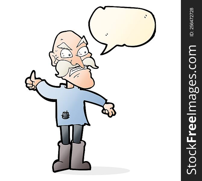 cartoon angry old man in patched clothing with speech bubble