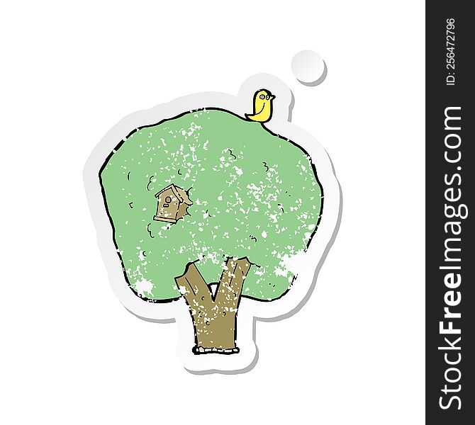 retro distressed sticker of a cartoon tree with birdhouse