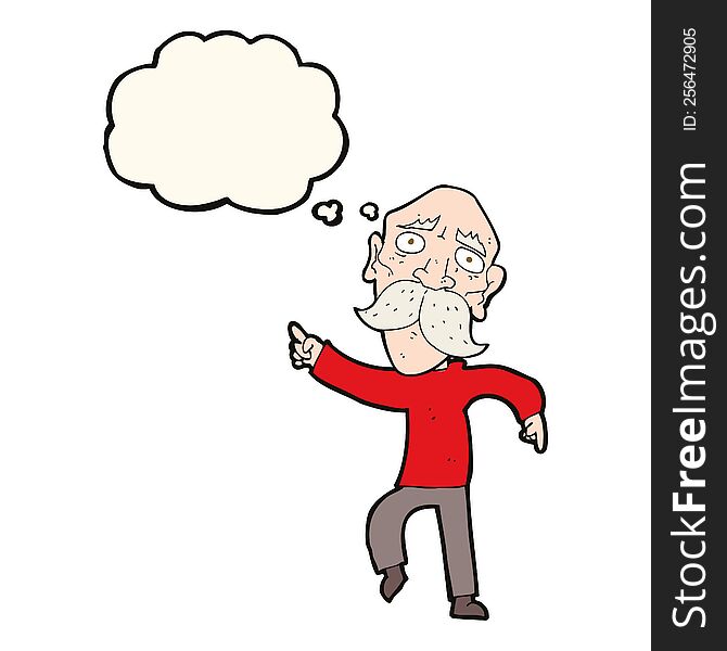 cartoon sad old man pointing with thought bubble