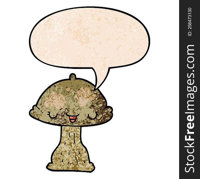 cartoon toadstool with speech bubble in retro texture style