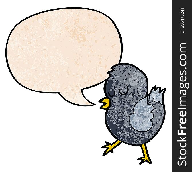 cartoon bird with speech bubble in retro texture style