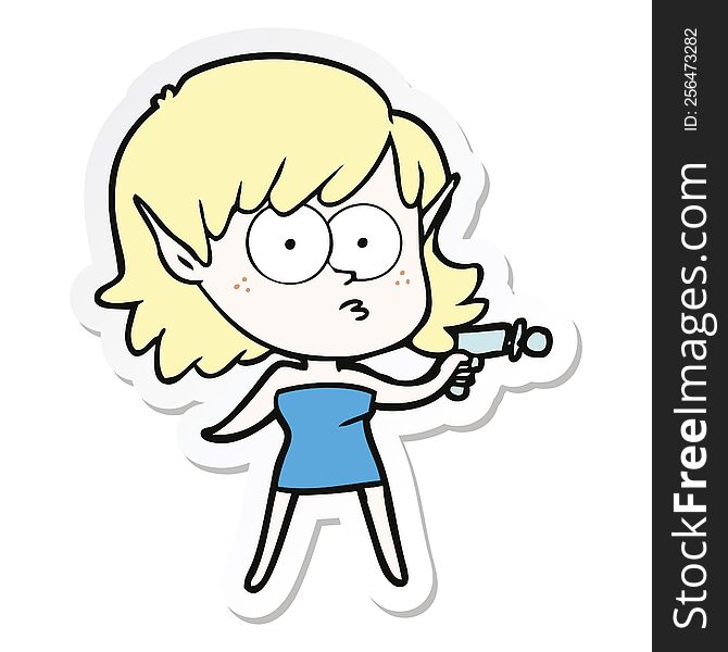 Sticker Of A Cartoon Elf Girl With Ray Gun